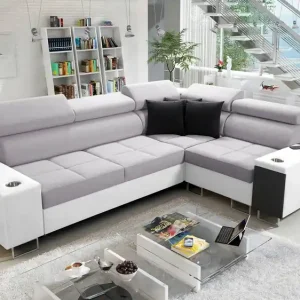 Mega-Angebot Ecksofa mit Schlaffunktion Dafni II Esche grau / weiß rechtwinklig geflochtenes Ecksofa mit Bettzeugschublade in der Seitenwand
