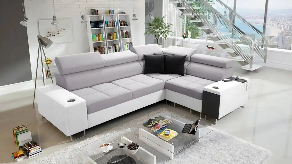 Mega-Angebot Ecksofa mit Schlaffunktion Dafni II Esche grau / weiß rechtwinklig geflochtenes Ecksofa mit Bettzeugschublade in der Seitenwand