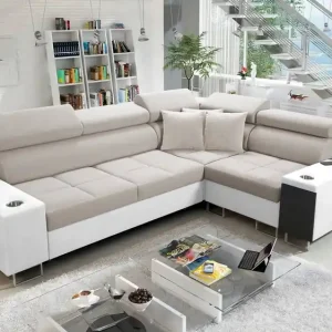 Angebot Ecksofa mit Schlaffunktion Dafni II hellbeige/weißer Samt rechts Ecksofa mit Bettzeugablage und Schublade in der Seitenwand