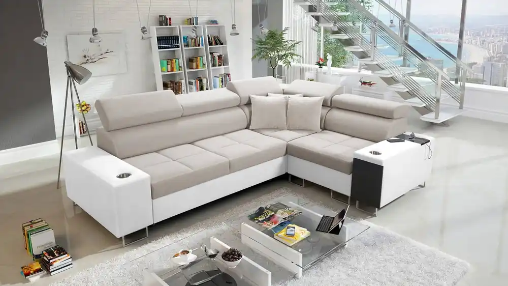 Angebot Ecksofa mit Schlaffunktion Dafni II hellbeige/weißer Samt rechts Ecksofa mit Bettzeugablage und Schublade in der Seitenwand