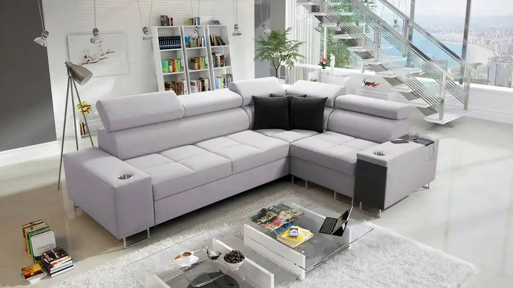 Ecksofa mit Schlaffunktion Dafni II grau Esche rechtwinklig geflochtenes Ecksofa mit Bettzeugschublade in der Seite des Möbels Sonderaktion