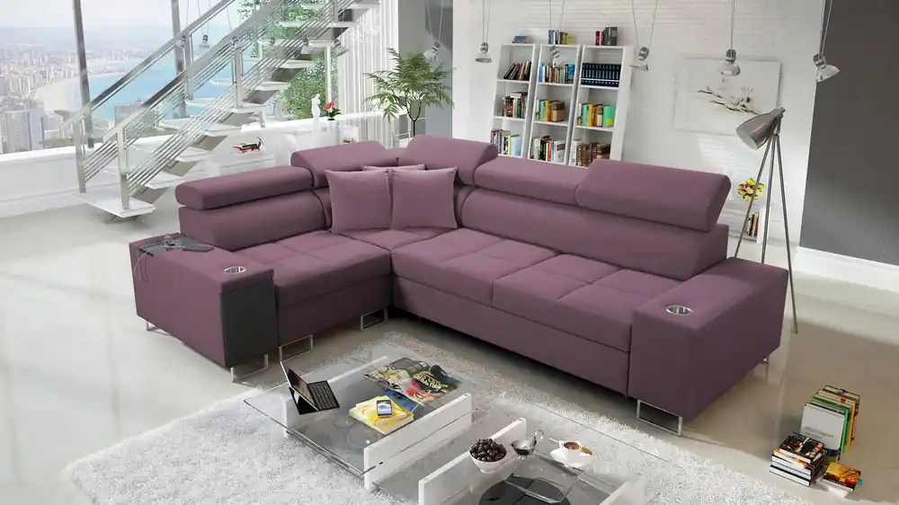 Ecksofa mit Schlaffunktion Dafni II heather links Ecksofa aus Samt mit Bettzeugstauraum Vollauszug Billig