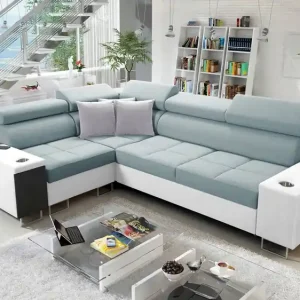 Preisreduziert Ecksofa mit Schlaffunktion Dafni II arktikblau/weiß links geflochtenes Ecksofa mit Bettzeugschublade in der Seitenwand