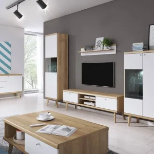 Möbel Set Primo Eiche Riviera / weiß modernes Design Möbel Kante mit speziellen Furnier sicher gehärtetem Glas getrimmt Online Kaufen