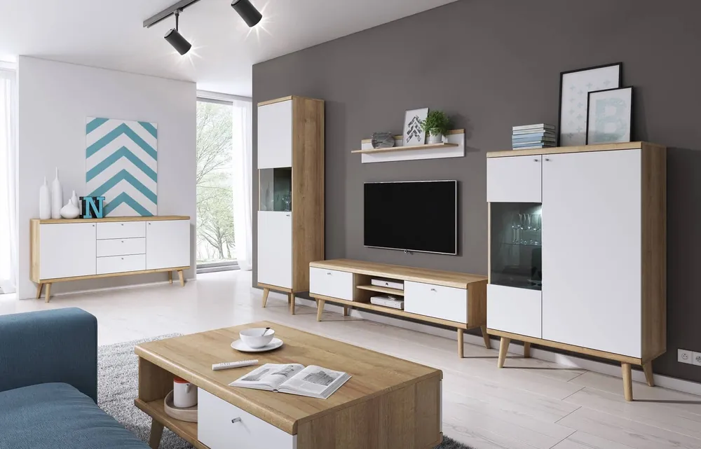 Möbel Set Primo Eiche Riviera / weiß modernes Design Möbel Kante mit speziellen Furnier sicher gehärtetem Glas getrimmt Online Kaufen