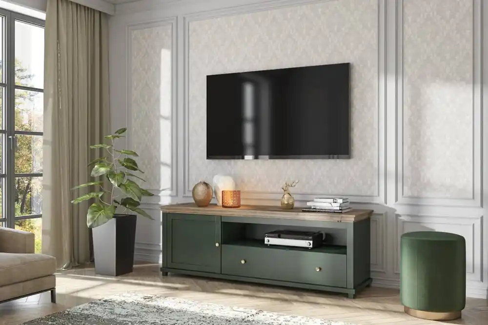 RTV Schrank Evora 181 cm Flasche grün / Eiche lefkas elegantes Design wird Liebhaber von ausdrucksstarken Interieurs begeistern Beliebt