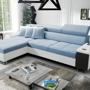 Ecksofa mit Schlaffunktion Dafni Blau/Weiß linksseitig aus Samt bietet Komfort und Funktionalität während der täglichen Erholung Preiswert