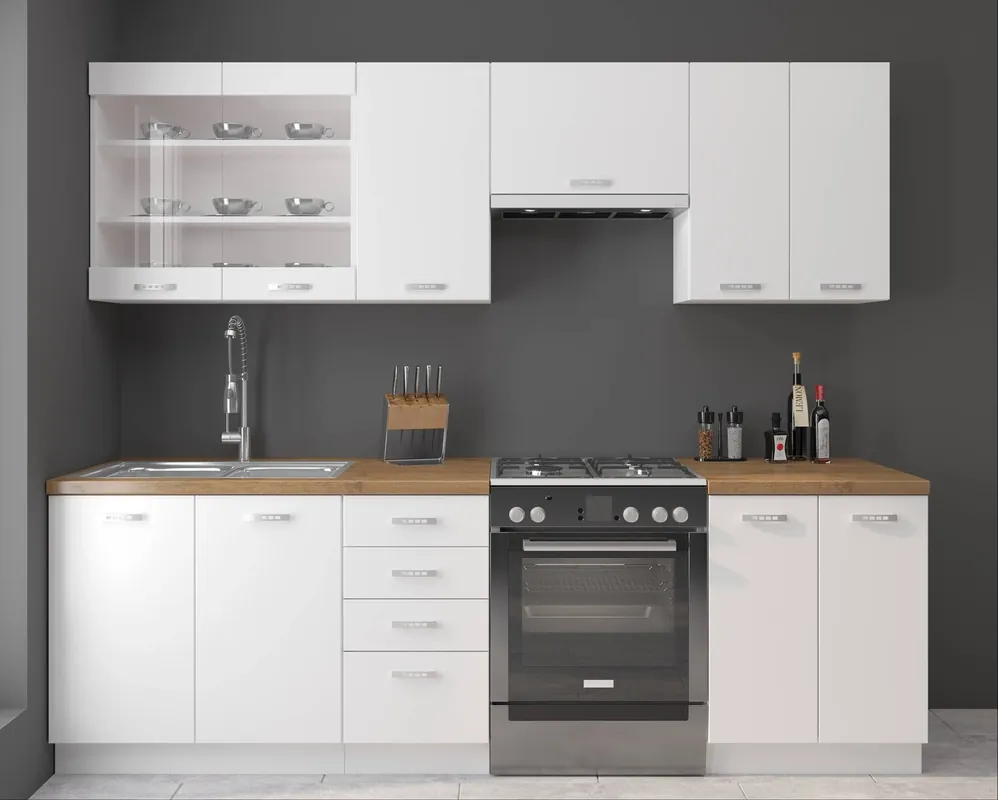 EkoWhite Küchenmöbel-Set 240 cm Schränke inspiriert von der Kühle und dem Minimalismus des skandinavischen Stils und des Modernismus Schneller Versand