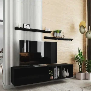 Neu RTV-Hängeschrank Astros 172 cm schwarz / schwarz glänzend mit Einlegeböden Minimalistisches und elegantes Design, das sich in jede Einrichtung einfügt