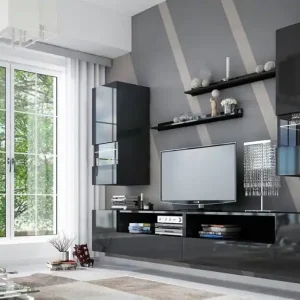 Geprüft Parga schwarz / schwarz glänzend universelle Schrankwand für das Wohnzimmer mit einem leichten Design wird perfekt in jedes Interieur passen