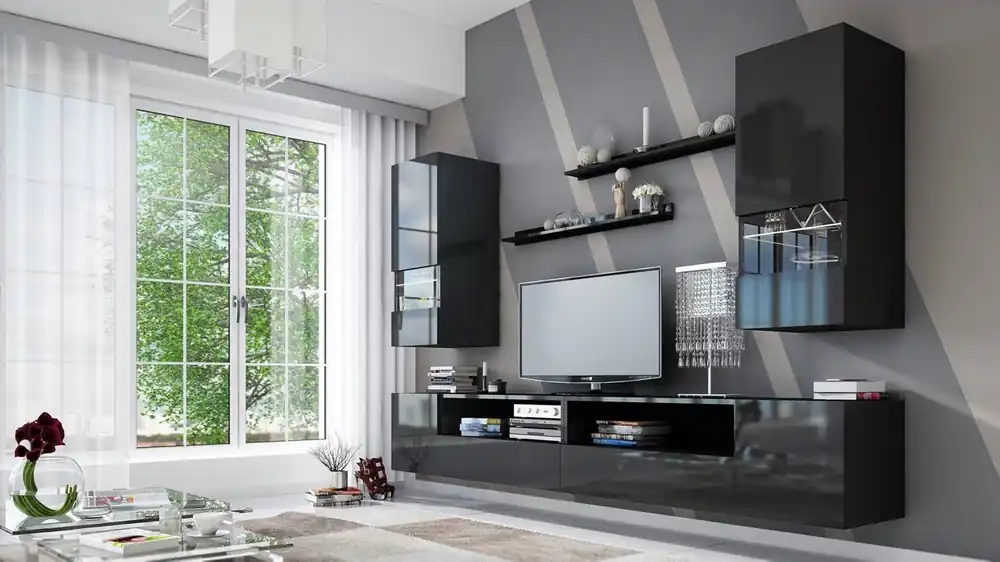 Geprüft Parga schwarz / schwarz glänzend universelle Schrankwand für das Wohnzimmer mit einem leichten Design wird perfekt in jedes Interieur passen