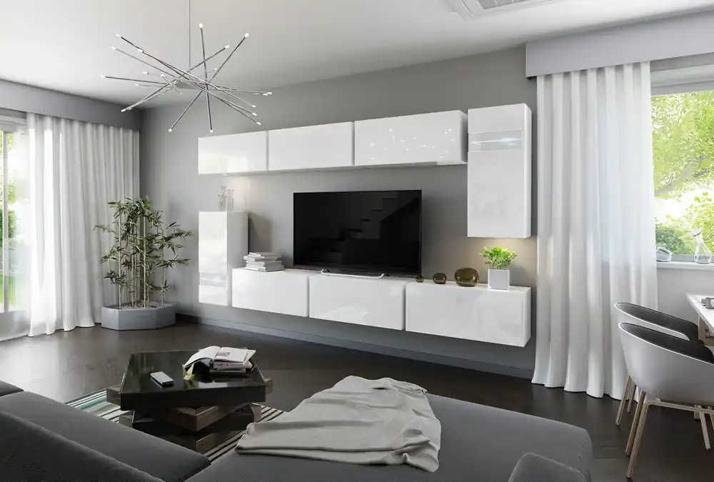 Benjamin weiß glänzend moderne Designmöbel Hochglanzfronten vergrößern optisch den Innenraum Rabatt
