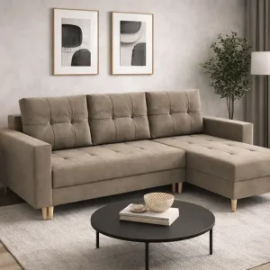 Ecksofa mit Schlaffunktion Vaso dunkelbeige universal bequemes Ecksofa für Wohnzimmer im skandinavischen Stil großes Bettzeugfach Expressversand