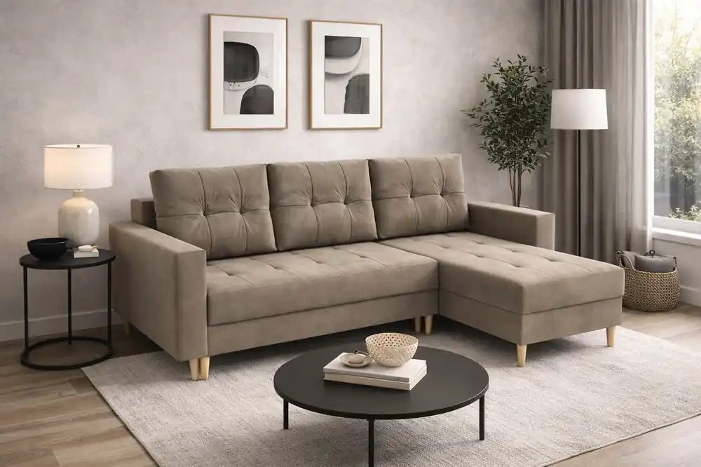 Ecksofa mit Schlaffunktion Vaso dunkelbeige universal bequemes Ecksofa für Wohnzimmer im skandinavischen Stil großes Bettzeugfach Expressversand