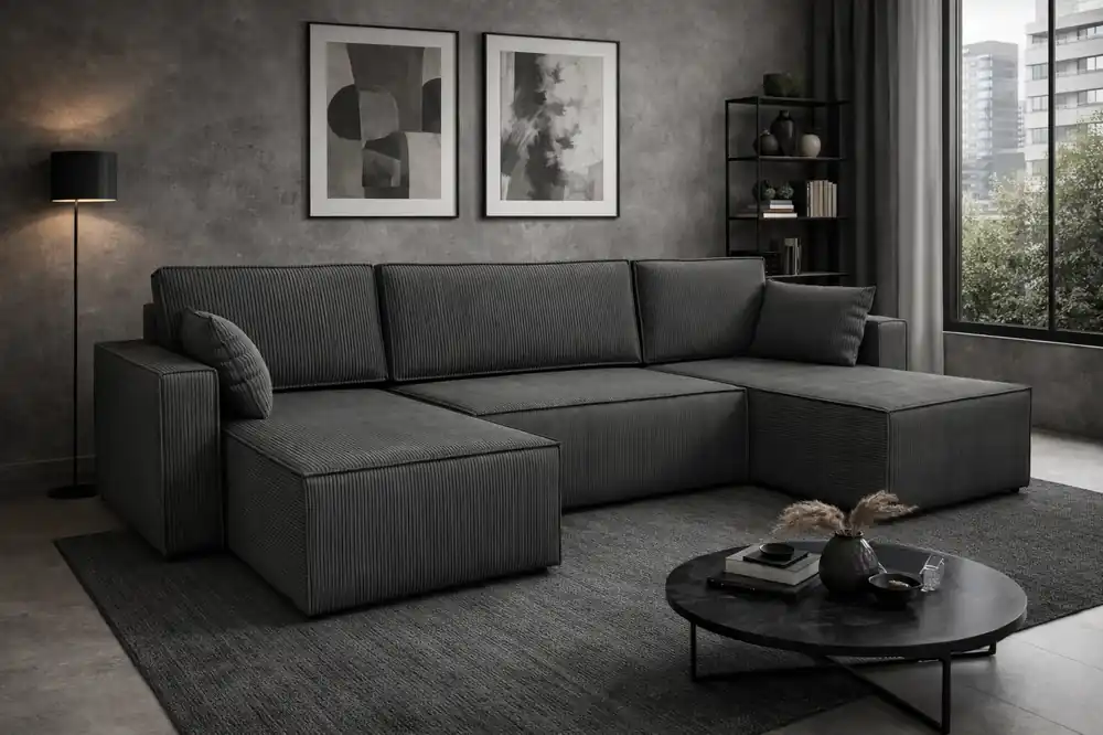Ecksofa mit Schlaffunktion Rebenes U grau Universal-Ecksofa dreidimensionaler Stoff mit ausdrucksstarken Streifen Bettzeugcontainer Neue Ware