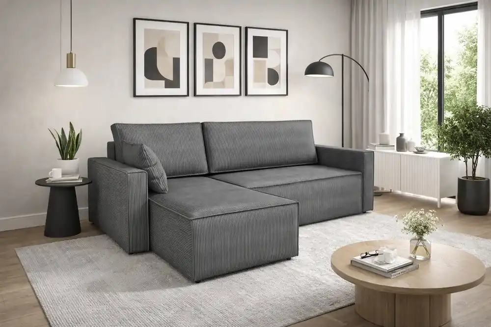 Garantierte Lieferung Ecksofa mit Schlaffunktion Rebenes grau Universal-Ecksofa dreidimensionaler Stoff mit ausdrucksstarken Streifen Bettzeugcontainer