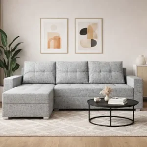 Neue Kollektion Ecksofa mit Schlaffunktion Pablos grau Esche Universal-Ecksofa mit Bettzeugablage dekorative Steppung auf dem Sitz