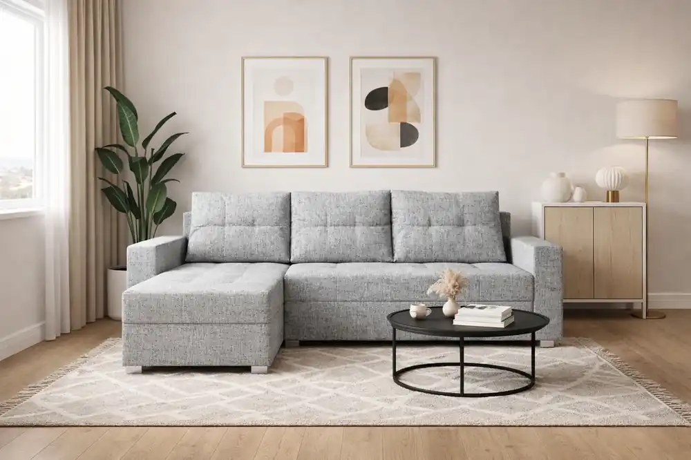 Neue Kollektion Ecksofa mit Schlaffunktion Pablos grau Esche Universal-Ecksofa mit Bettzeugablage dekorative Steppung auf dem Sitz