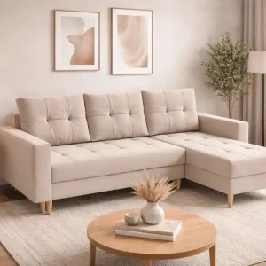 Preisknaller Ecksofa mit Schlaffunktion Vaso hellbeige universal bequemes Ecksofa für ein Wohnzimmer im skandinavischen Stil großes Bettzeugfach