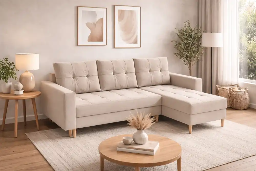 Preisknaller Ecksofa mit Schlaffunktion Vaso hellbeige universal bequemes Ecksofa für ein Wohnzimmer im skandinavischen Stil großes Bettzeugfach