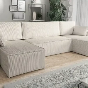 Preis Gesenkt Ecksofa mit Schlaffunktion Rebenes U beige Universal-Ecksofa dreidimensionaler Stoff mit ausdrucksstarken Streifen Bettzeug-Container