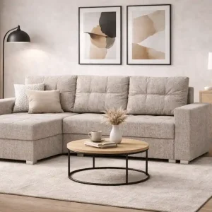Ecksofa mit Schlaffunktion Pablos beige Universal-Ecksofa mit Bettkasten und Ziersteppung auf der Sitzfläche Günstig