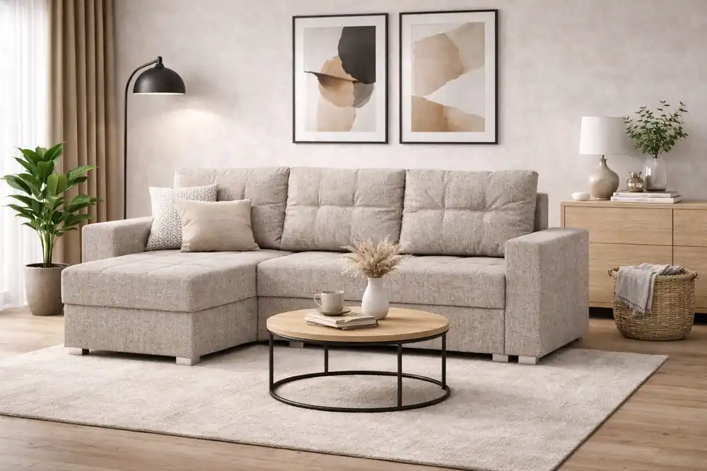 Ecksofa mit Schlaffunktion Pablos beige Universal-Ecksofa mit Bettkasten und Ziersteppung auf der Sitzfläche Günstig