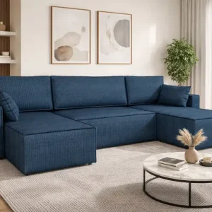 Ecksofa mit Schlaffunktion Rebenes U blau Universal-Ecksofa dreidimensionaler Stoff mit ausdrucksstarken Streifen Bettzeugcontainer Begrenztes Angebot