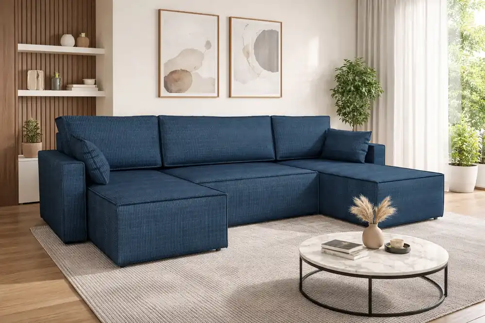 Ecksofa mit Schlaffunktion Rebenes U blau Universal-Ecksofa dreidimensionaler Stoff mit ausdrucksstarken Streifen Bettzeugcontainer Begrenztes Angebot
