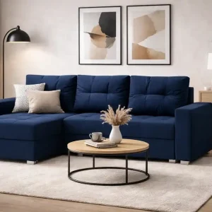 Ecksofa mit Schlaffunktion Pablos dunkelblau Universal-Ecksofa mit Bettwäsche-Container und dekorativer Steppung auf der Sitzfläche Jetzt Kaufen