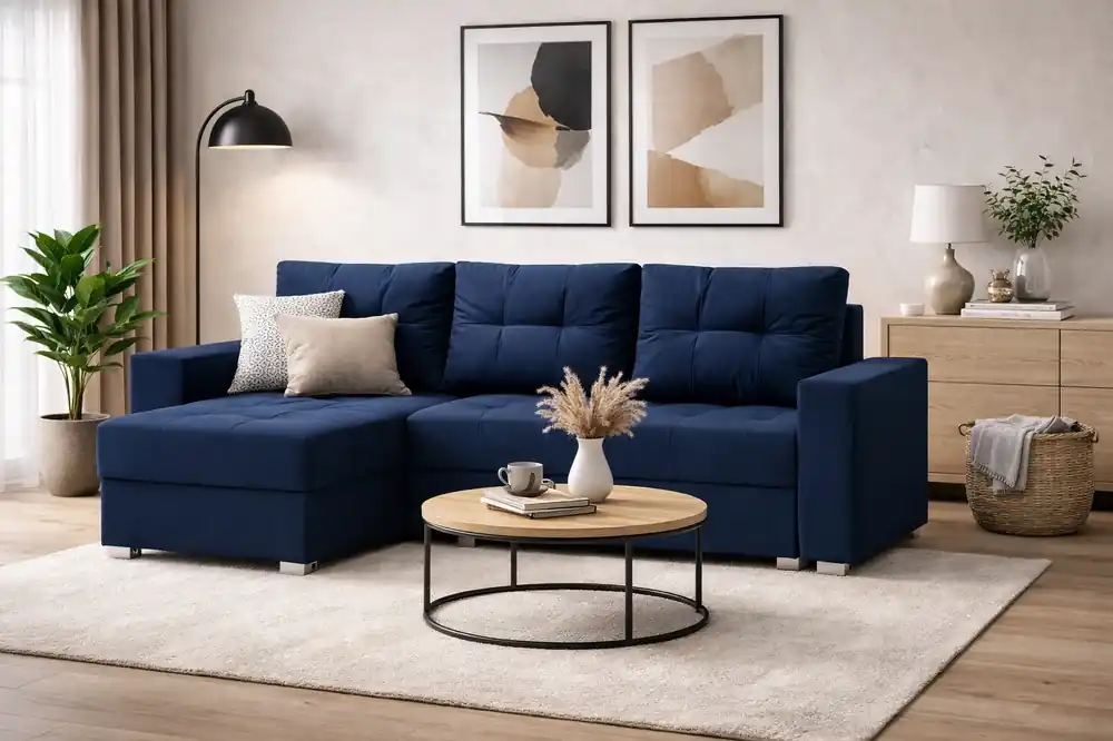 Ecksofa mit Schlaffunktion Pablos dunkelblau Universal-Ecksofa mit Bettwäsche-Container und dekorativer Steppung auf der Sitzfläche Jetzt Kaufen