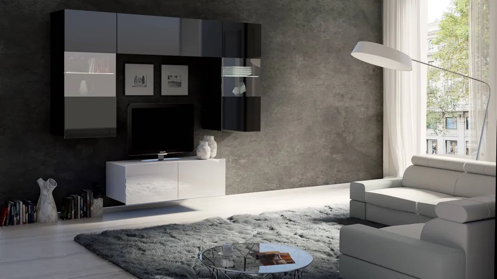 Zertifiziert Hängeelement Apulia X weiß glänzend/schwarz glänzend Außergewöhnlich stilvolles Hängeelement mit schlichten Möbelstücken, das sich in jede Einrichtung einfügt