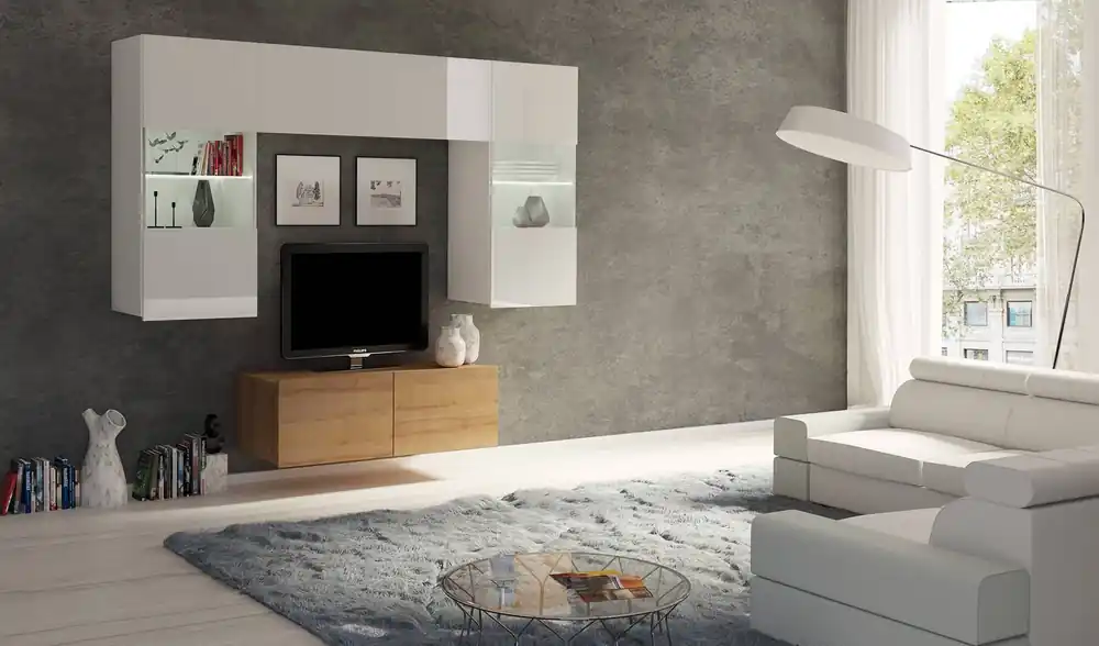 Möbelwand Apulia X weiß glänzend / goldene Eiche eine außergewöhnlich stilvolle Möbelwand einfache Elemente, die in jedes Interieur passen Must-Have