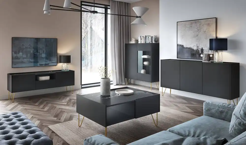 Möbelset Madisonum Schwarzer Graphit / Schwarzer Königs-Marmor Wohnzimmermöbelset modernistisches Design dekorativer Marmoroberfläche Preisreduziert