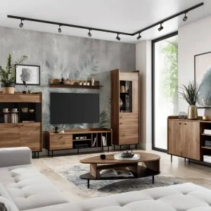 Nur Für Kurze Zeit Möbelset Apallo brandy Eiche castello modernes Design Möbelset auf Metallbeinen Wohnwand für Wohnzimmer hohe Ränder der Tischplatten