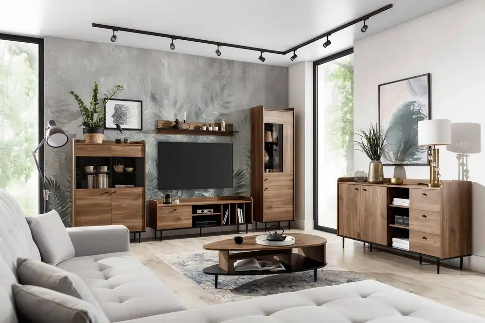 Nur Für Kurze Zeit Möbelset Apallo brandy Eiche castello modernes Design Möbelset auf Metallbeinen Wohnwand für Wohnzimmer hohe Ränder der Tischplatten