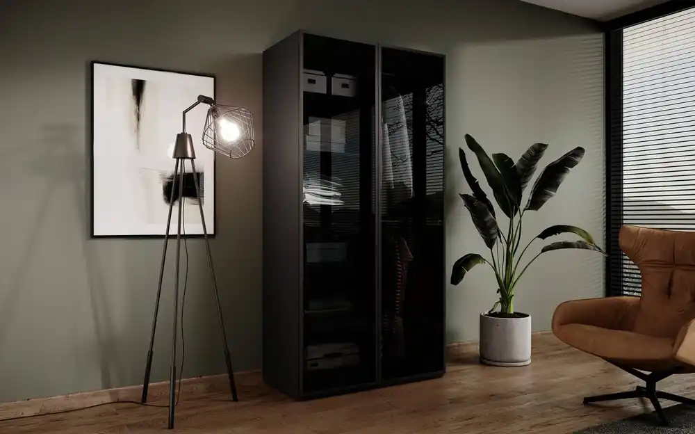 Kleiderschrank Sandbox 101 cm schwarz eleganter und funktioneller Kleiderschrank mit Glasfronten ein Möbelstück aus der modularen Schrankkollektion antisol glass Finale Aktion