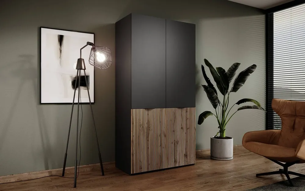 Top-Seller Kleiderschrank Sandbox 101 cm schwarz / Eiche wotan eleganter und funktioneller Kleiderschrank mit geriffelten Fronten ein Möbelstück aus der modularen Schrankkollektion