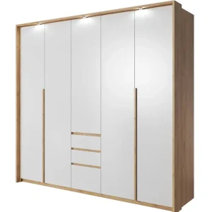 Kleiderschrank Novi 229 cm Eiche handwerklich gold / weiß Funktionsmöbel klassische Form idealer Kleiderschrank für Schlafzimmer oder Ankleidezimmer LED-Beleuchtung Abverkauf