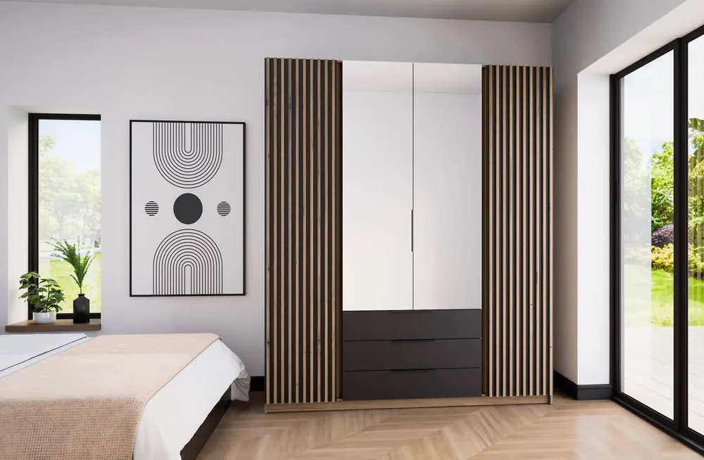 Kleiderschrank mit Spiegel Kastano V 200 cm Eiche evoke / schwarz stilvolles Design Kleiderschranktür mit Eiche evoke Lamellen verziert Online Kaufen