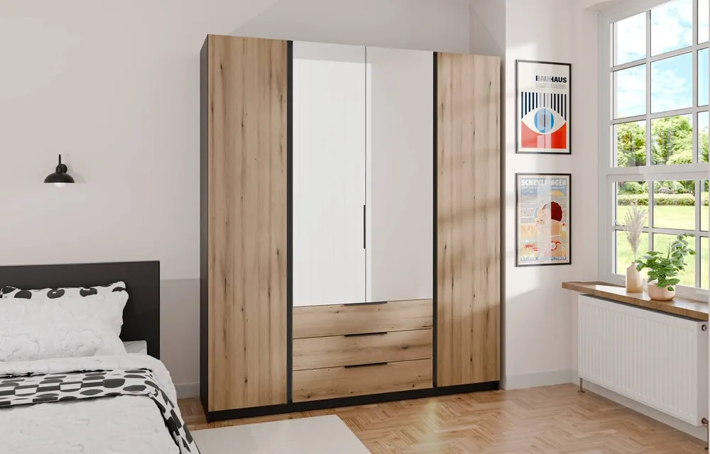 Jetzt Kaufen Kleiderschrank mit Spiegel Kastano III 200 cm schwarz / Eiche evoke stilvolle Garderobe Design für Schlafzimmer Metallkante Griffe