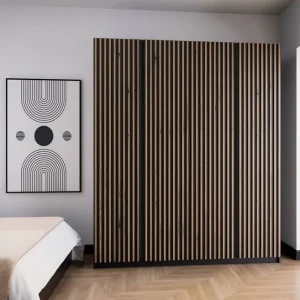 Preisknaller Kleiderschrank Kastano XV 200 cm schwarz / Eiche evoke modernes Design Türen mit schwarzen Lamellen dekoriert ideale Garderobe für Schlafzimmer