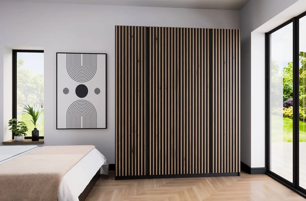 Preisknaller Kleiderschrank Kastano XV 200 cm schwarz / Eiche evoke modernes Design Türen mit schwarzen Lamellen dekoriert ideale Garderobe für Schlafzimmer
