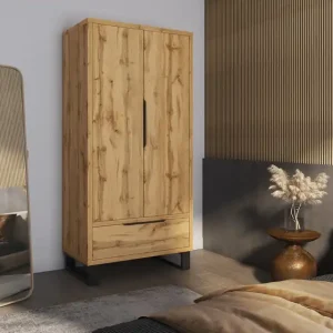 Günstig Kleiderschrank Halle 99 cm Eiche wotan stilvolles Design klassische Form Kleiderschrank für Schlafzimmer oder Ankleidezimmer geräumige Schubladen Kantengriffe