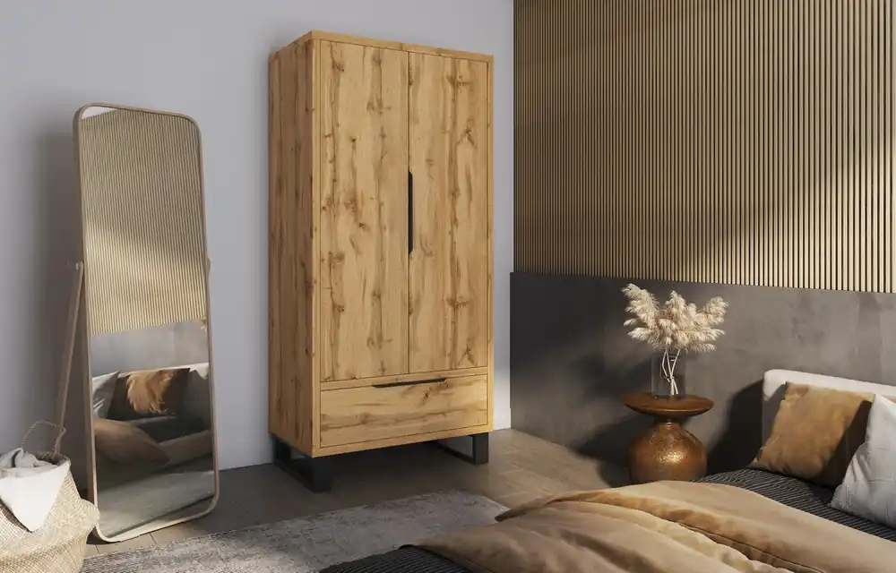 Günstig Kleiderschrank Halle 99 cm Eiche wotan stilvolles Design klassische Form Kleiderschrank für Schlafzimmer oder Ankleidezimmer geräumige Schubladen Kantengriffe