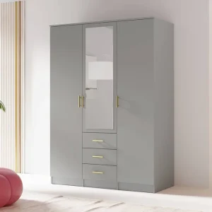Direkt Vom Hersteller Kleiderschrank Adel 150 cm grau elegantes Design klassische Form der Garderobe mit Spiegel für Schlafzimmer oder Kleiderschrank geräumige Schubladen goldene Griffe