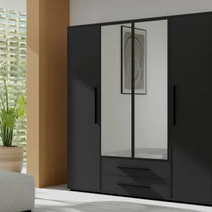 Spiegelschrank Maxione 198 cm schwarz geräumiger Kleiderschrank für Schlafzimmer Jugendzimmer oder Flur angereichert mit Schubladen Rabatt