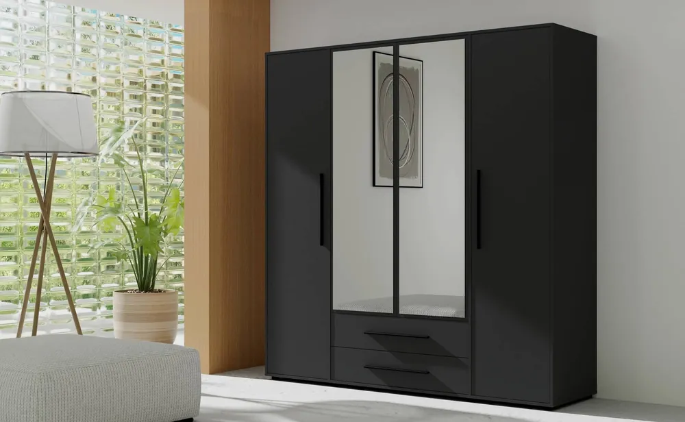 Spiegelschrank Maxione 198 cm schwarz geräumiger Kleiderschrank für Schlafzimmer Jugendzimmer oder Flur angereichert mit Schubladen Rabatt