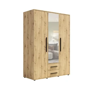 Online Kaufen Spiegelschrank Maxione 150 cm Eiche handwerklich funktionaler Kleiderschrank für ein Schlafzimmer Jugendzimmer oder Flur mit Schubladen bereichert