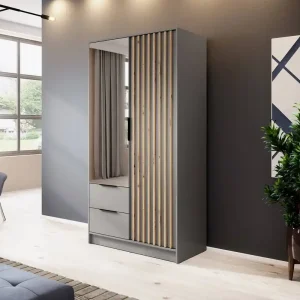 Bestpreis Schrank mit Spiegel Aspen 105 cm Grau / Eiche Artisan Lamellen modernes Design Schranktüren mit dekorativen Lamellen
